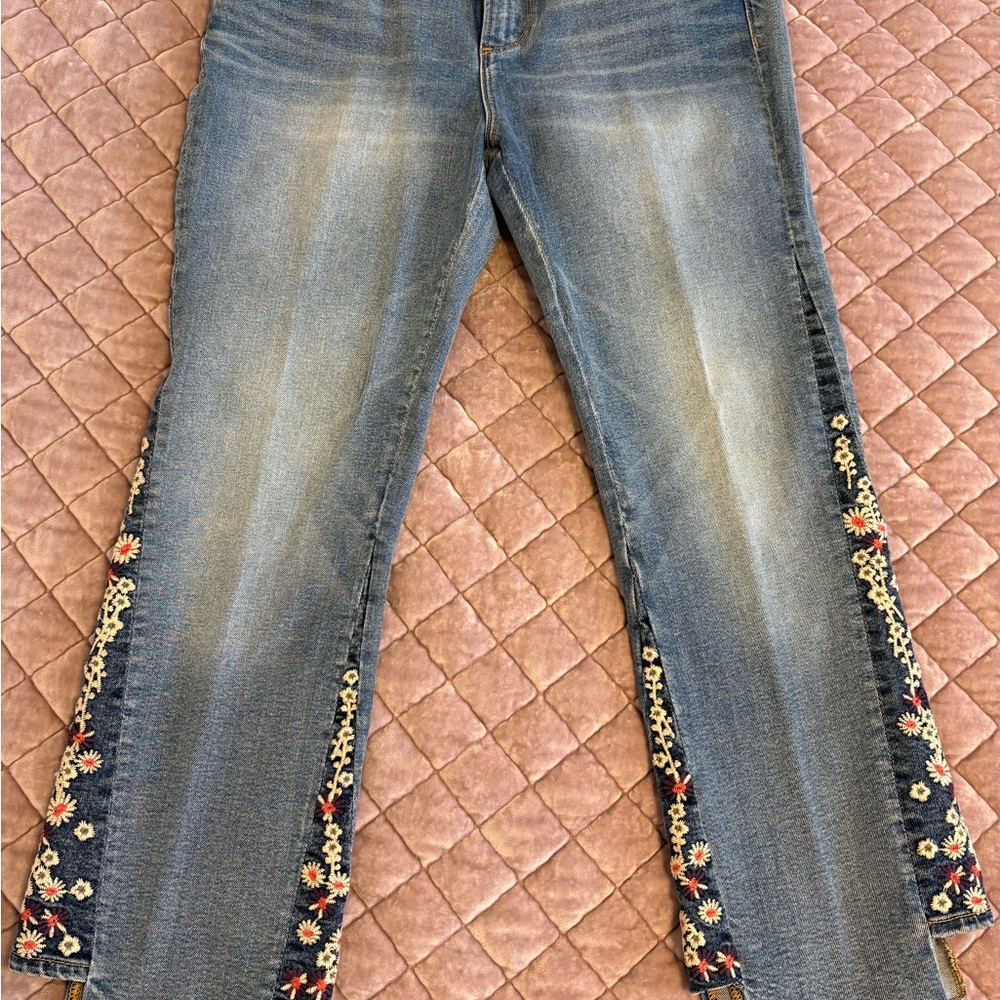 DRIFTWOOD Blue Embroidered Flare Jeans with Floral Trim